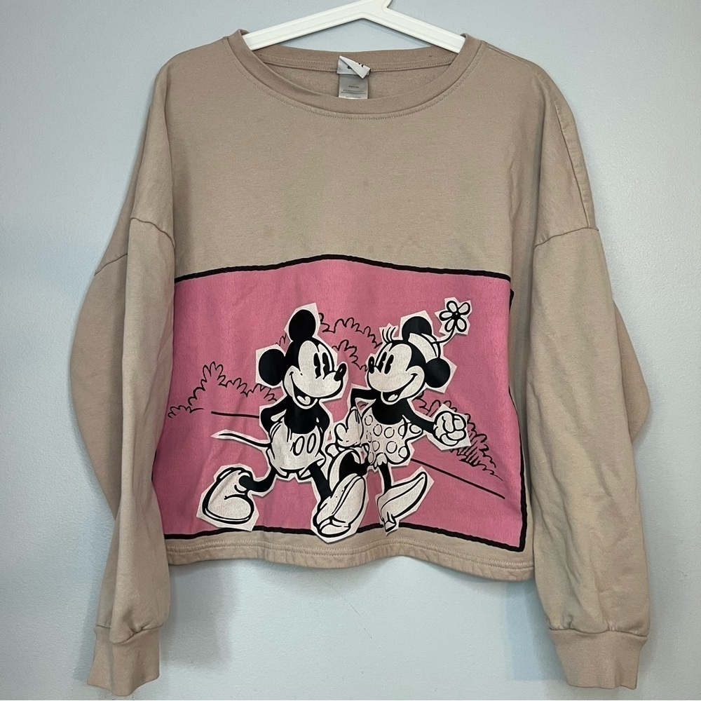 Disney Mickey Minnie Mouse Cropped Sweatshirt Pullover Size XXL Beige Pink - Picture 1 of 6